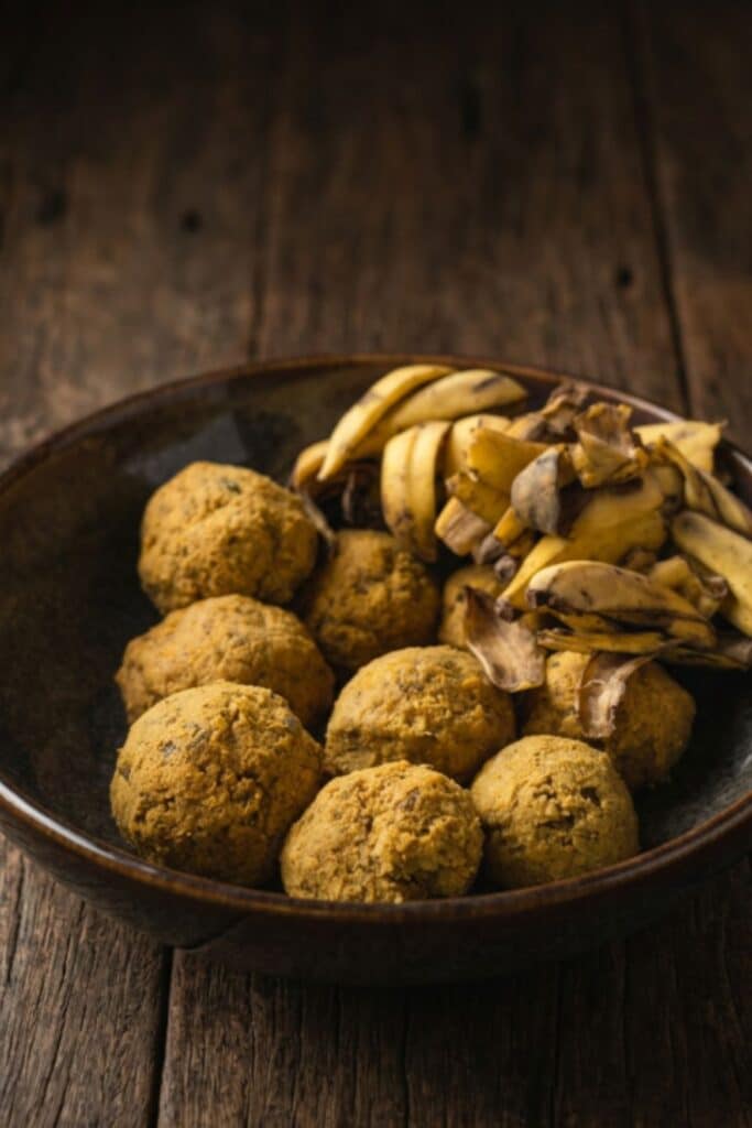 Hand-rolled supplement balls of banana, rice, rice bran, pumpkin and tamarind for the elephants at Love Elephant Sanctuary Bangkok